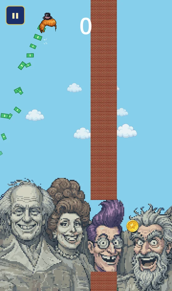 A run in progress: the hair flaps past a brick wall above a mountain of carved faces, trailing dollar bills